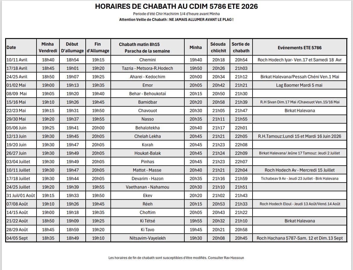 Horaires Chabbat Ete 5786