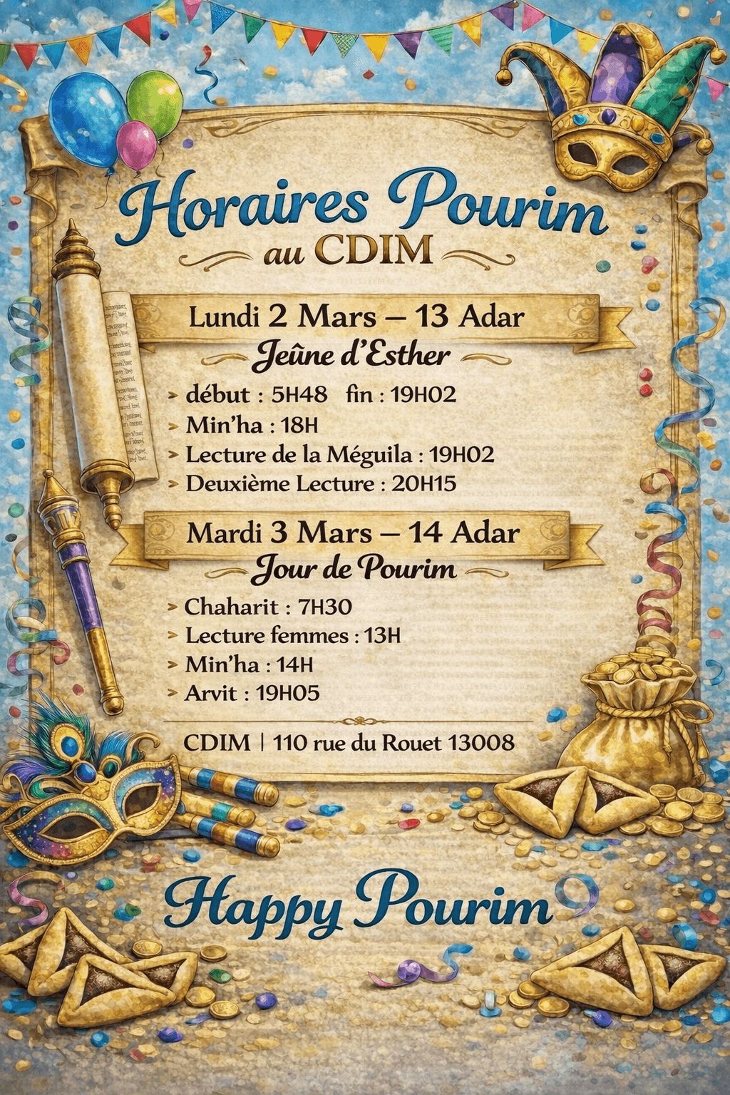 HORAIRES POURIM 5786